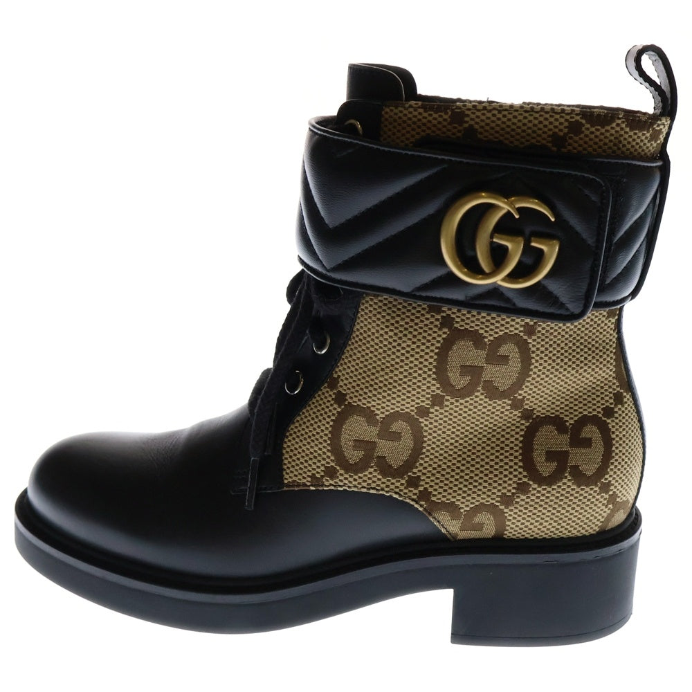 GUCCI(グッチ) GGキャンバス アンクルブーツ シューズ ベージュ×ブラック レザー×キャンバス 37 1/2