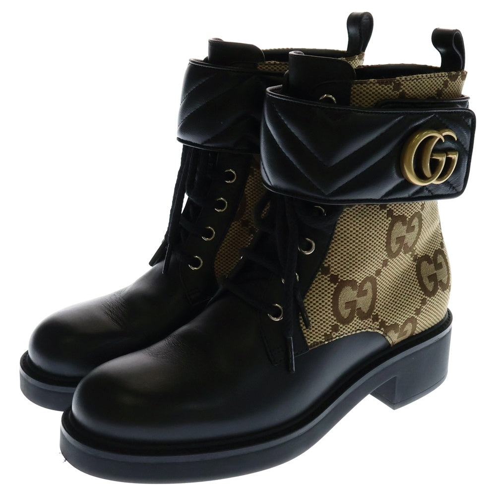 GUCCI(グッチ) GGキャンバス アンクルブーツ シューズ ベージュ×ブラック レザー×キャンバス 37 1/2