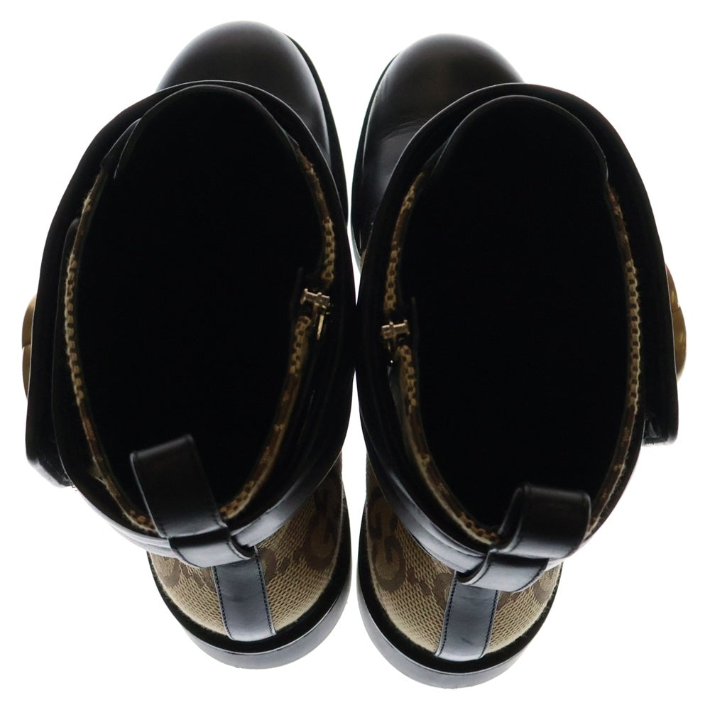 GUCCI(グッチ) GGキャンバス アンクルブーツ シューズ ベージュ×ブラック レザー×キャンバス 37 1/2