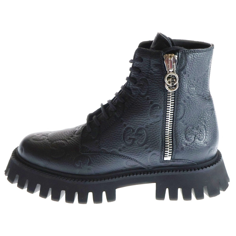 GUCCI(グッチ) GG サイドジップ ハイカット レースアップ レザー ブーツ ブラック 751712 レディース