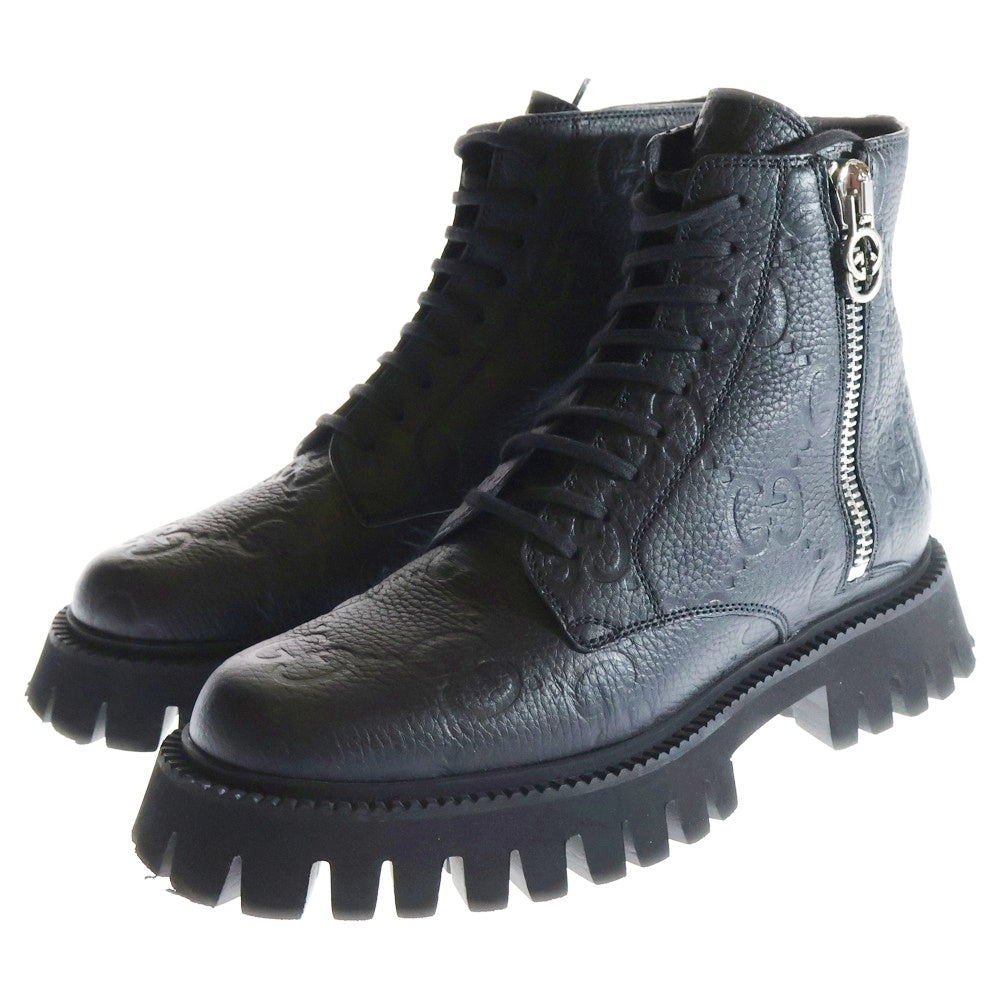 GUCCI(グッチ) GG サイドジップ ハイカット レースアップ レザー ブーツ ブラック 751712 レディース