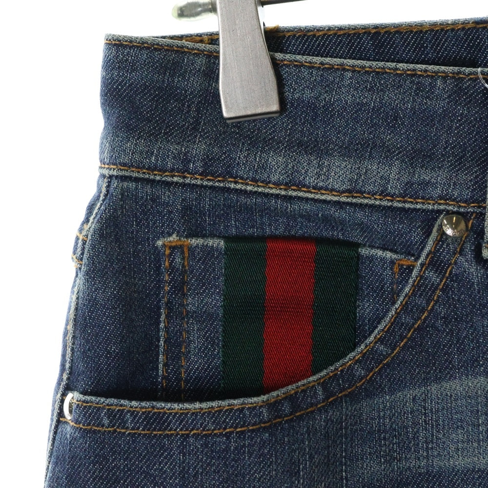 GUCCI(グッチ) シェリーライン レザーロゴパッチ ユーズド加工 デニム ミニスカート インディゴ レディース 258612 XZ486