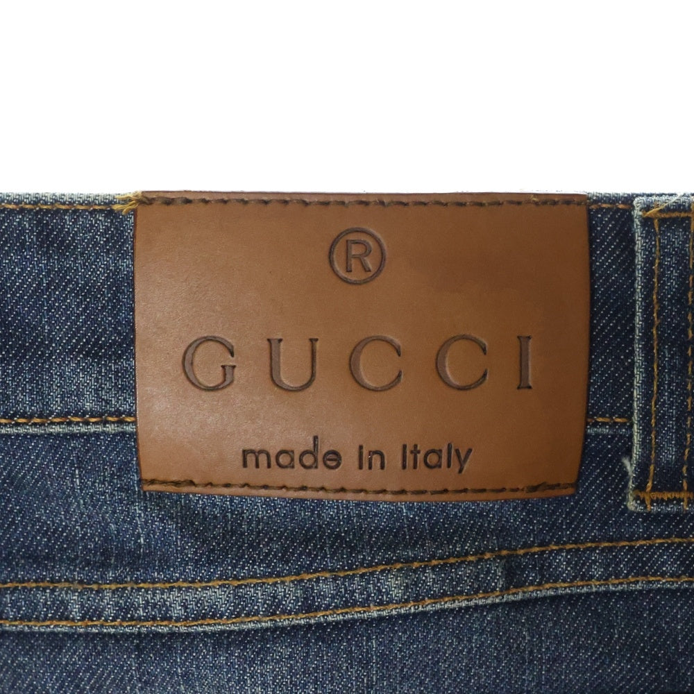 GUCCI(グッチ) シェリーライン レザーロゴパッチ ユーズド加工 デニム ミニスカート インディゴ レディース 258612 XZ486
