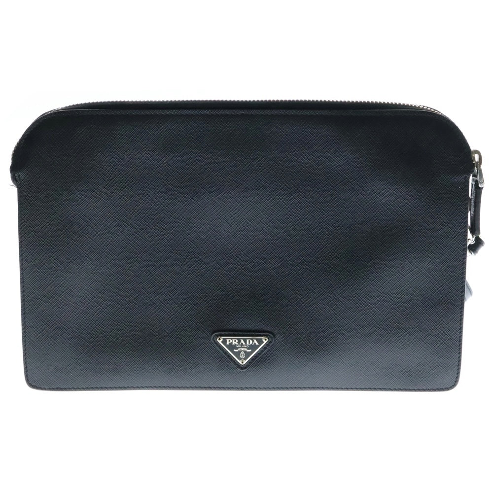 PRADA(プラダ) トライアングルロゴ サフィアーノ ストップ付レザークラッチバッグ ブラック VR0051