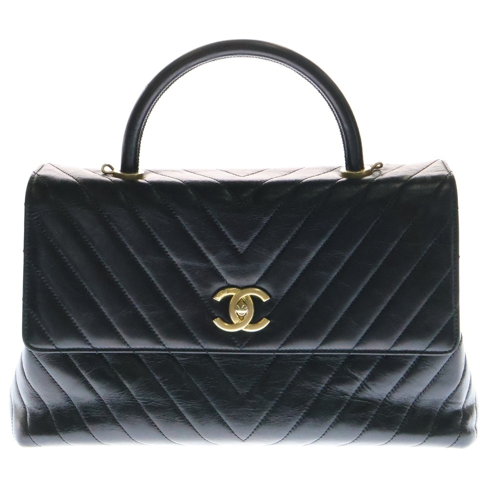 CHANEL(シャネル) Vステッチ シェブロン トップハンドル チェーン ショルダーバッグ ブラック ラムスキン ゴールド金具 A92991