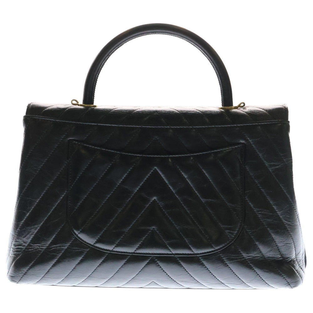 CHANEL(シャネル) Vステッチ シェブロン トップハンドル チェーン ショルダーバッグ ブラック ラムスキン ゴールド金具 A92991