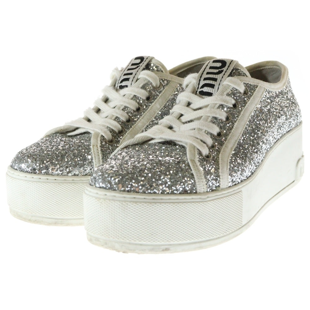 miumiu(ミュウミュウ) ラメグリッター 厚底 レースアップ ローカットシューズ スニーカー シルバー/ホワイト レディース