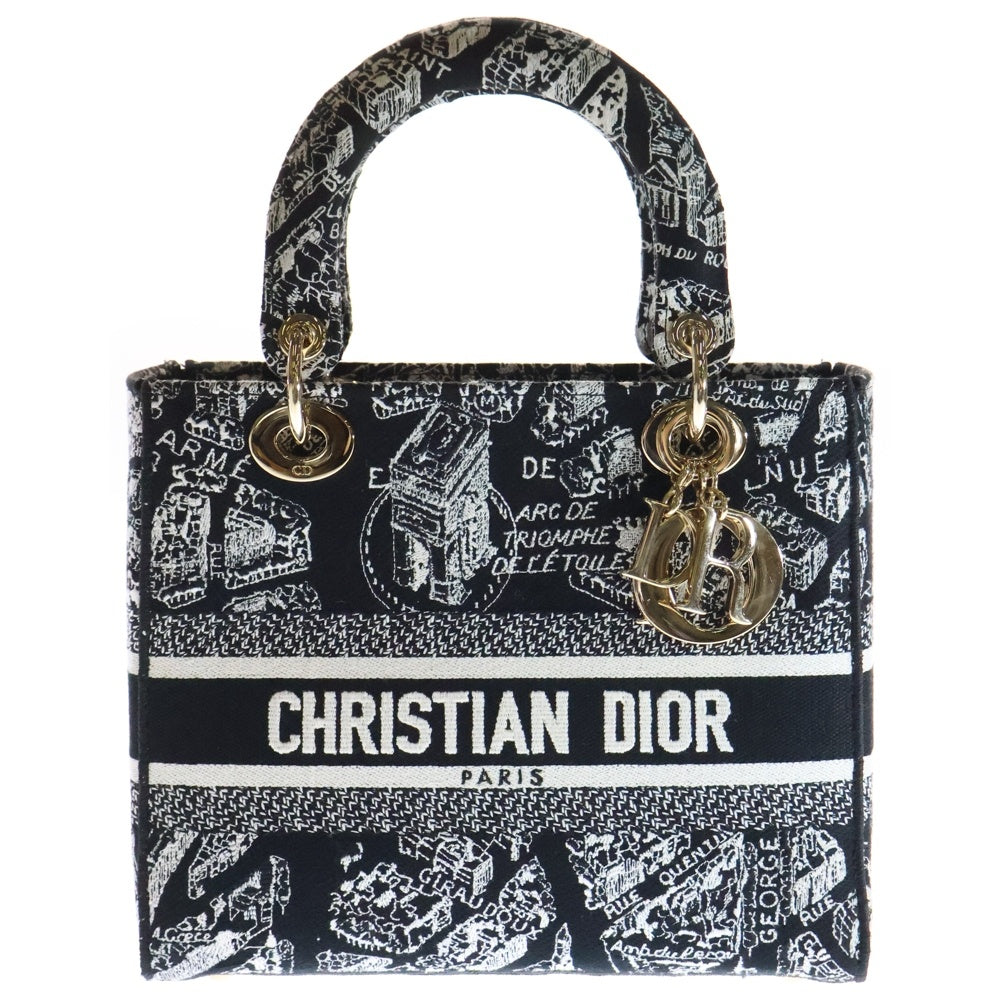 Christian Dior(クリスチャンディオール) Lady-D Lite ディライト ミディアム 2wayハンドバッグ ショルダーバッグ プラン ドゥ パリ エンブロイダリー ブラック×ホワイト キャンバス