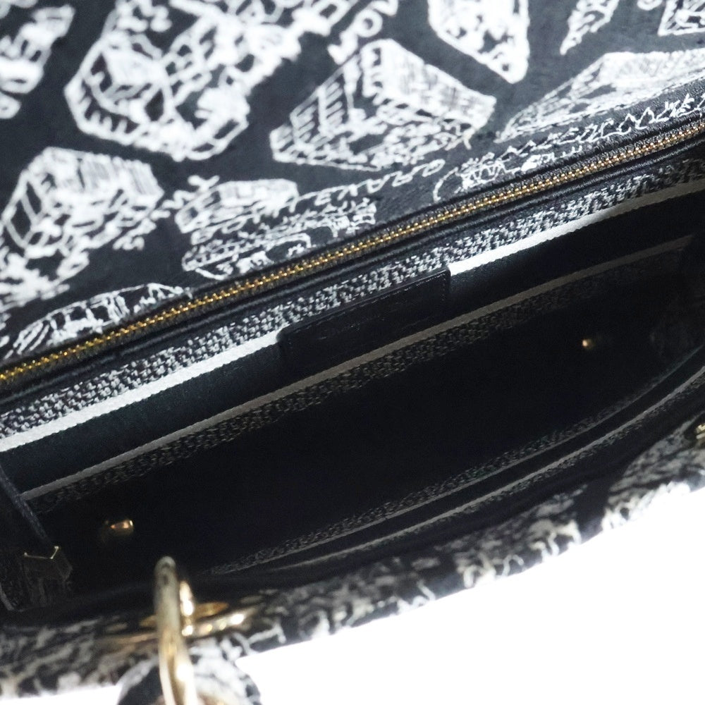 Christian Dior(クリスチャンディオール) Lady-D Lite ディライト ミディアム 2wayハンドバッグ ショルダーバッグ プラン ドゥ パリ エンブロイダリー ブラック×ホワイト キャンバス