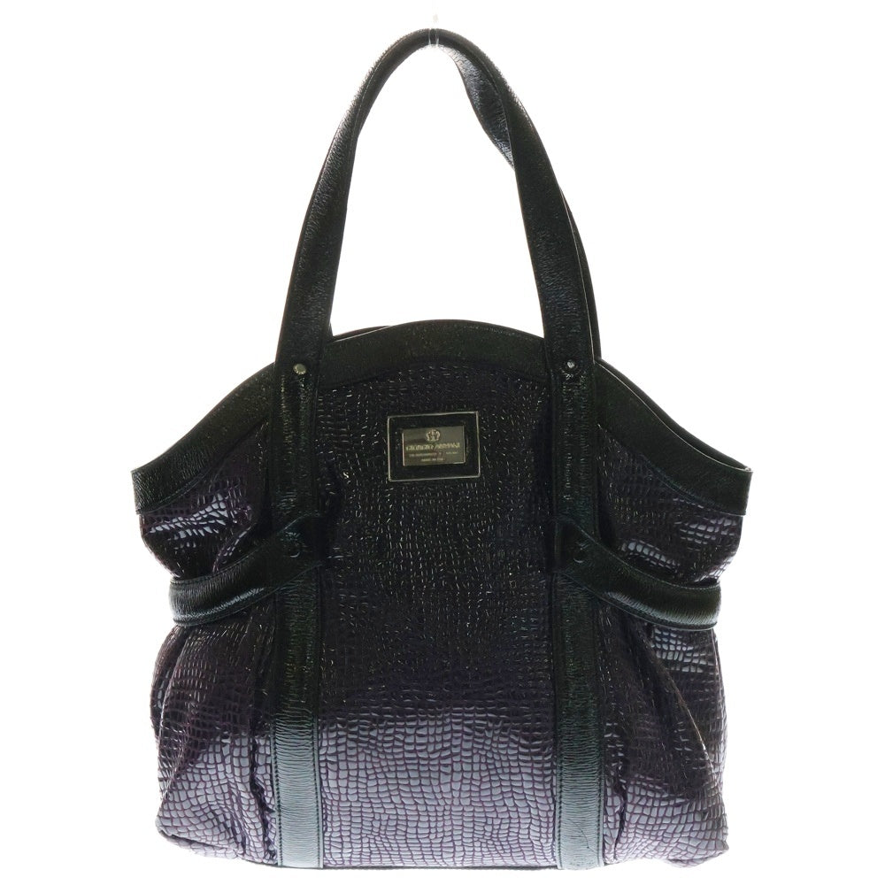 GIORGIO ARMANI(ジョルジオアルマーニ) スクエアロゴプレート クロコ型押し スウェード パテント コンビレザー トートバッグ パープル/ブラック