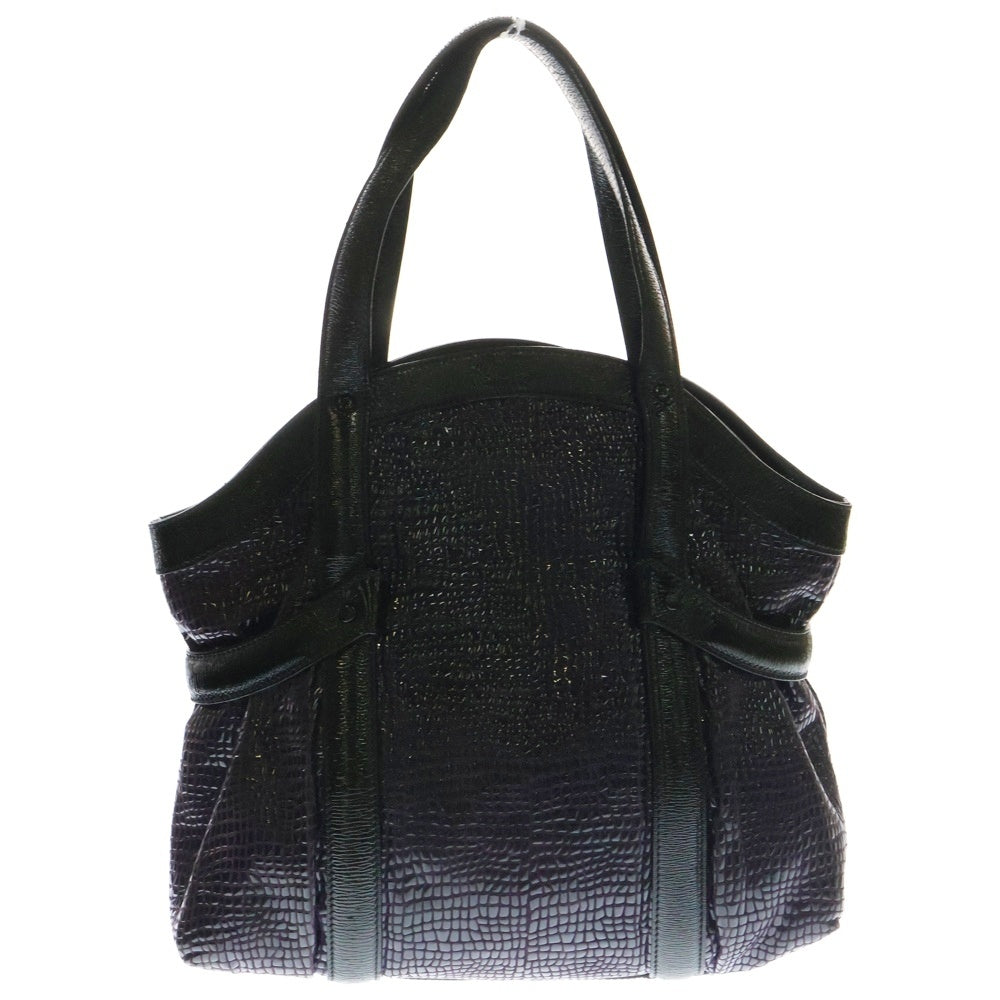 GIORGIO ARMANI(ジョルジオアルマーニ) スクエアロゴプレート クロコ型押し スウェード パテント コンビレザー トートバッグ パープル/ブラック