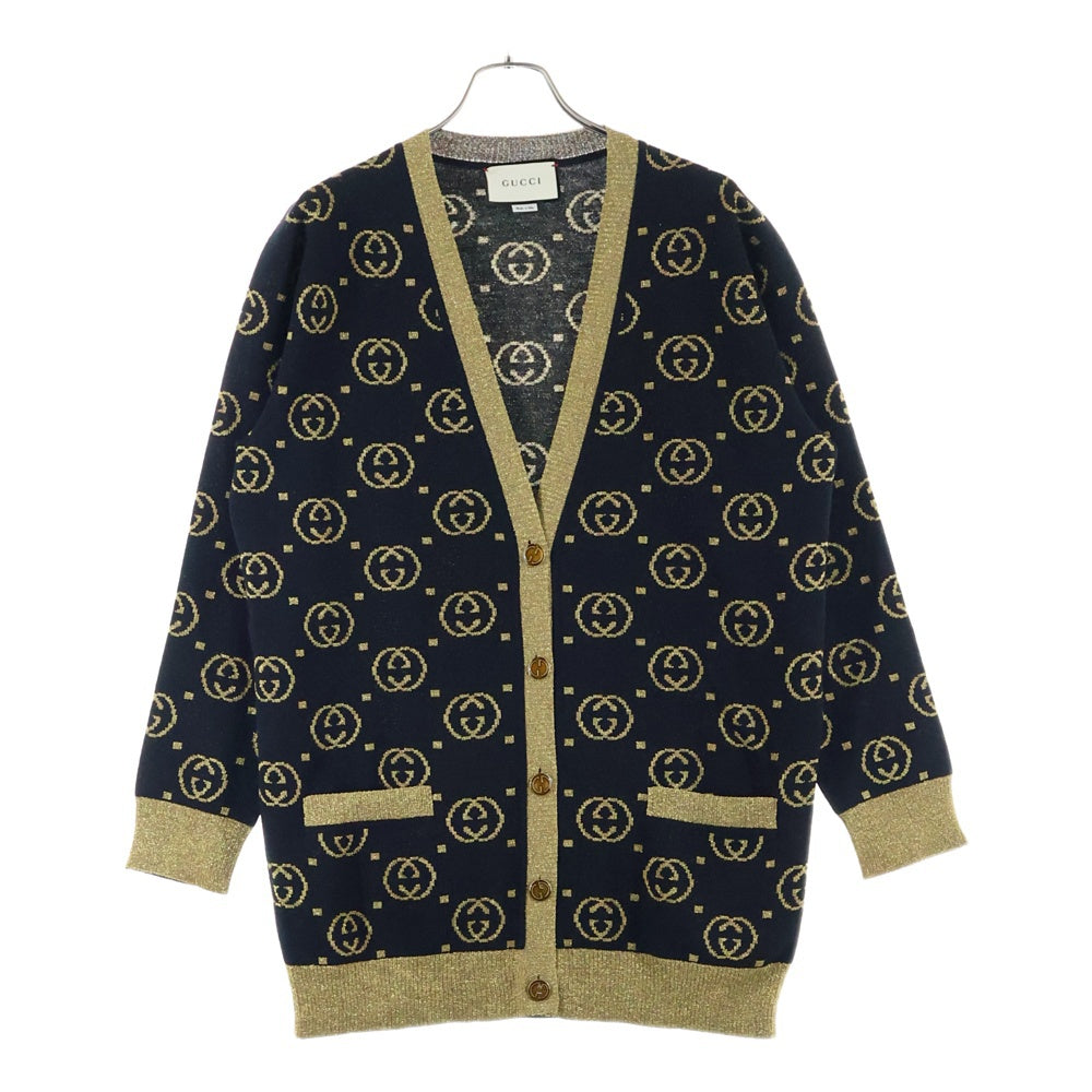 GUCCI(グッチ) GG 総柄ジャガード インターロッキングG ラメ ウール ニット カーディガン ブラック/ゴールド 555014
