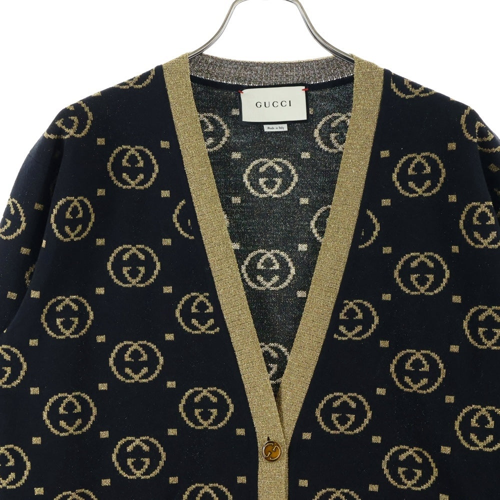 GUCCI(グッチ) GG 総柄ジャガード インターロッキングG ラメ ウール ニット カーディガン ブラック/ゴールド 555014
