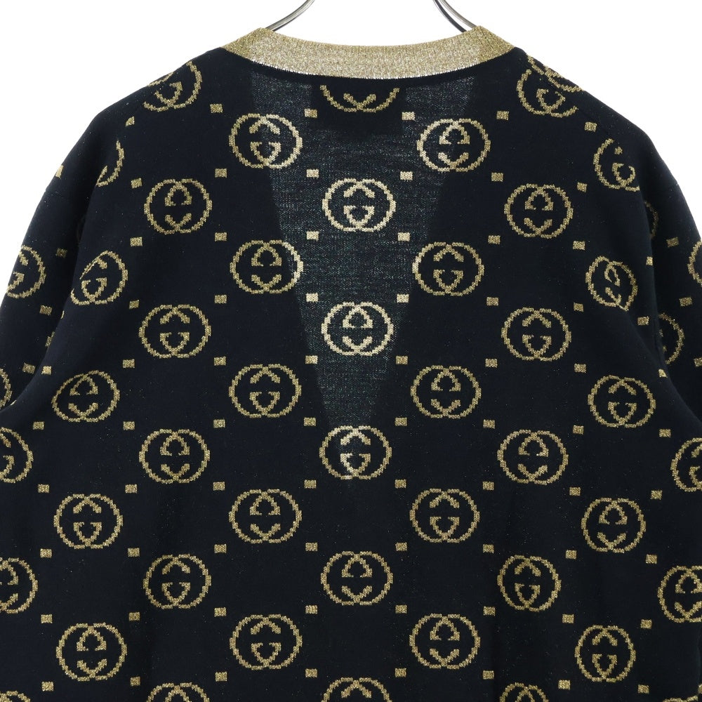 GUCCI(グッチ) GG 総柄ジャガード インターロッキングG ラメ ウール ニット カーディガン ブラック/ゴールド 555014