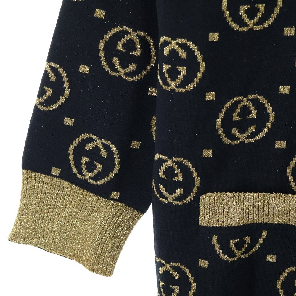 GUCCI(グッチ) GG 総柄ジャガード インターロッキングG ラメ ウール ニット カーディガン ブラック/ゴールド 555014