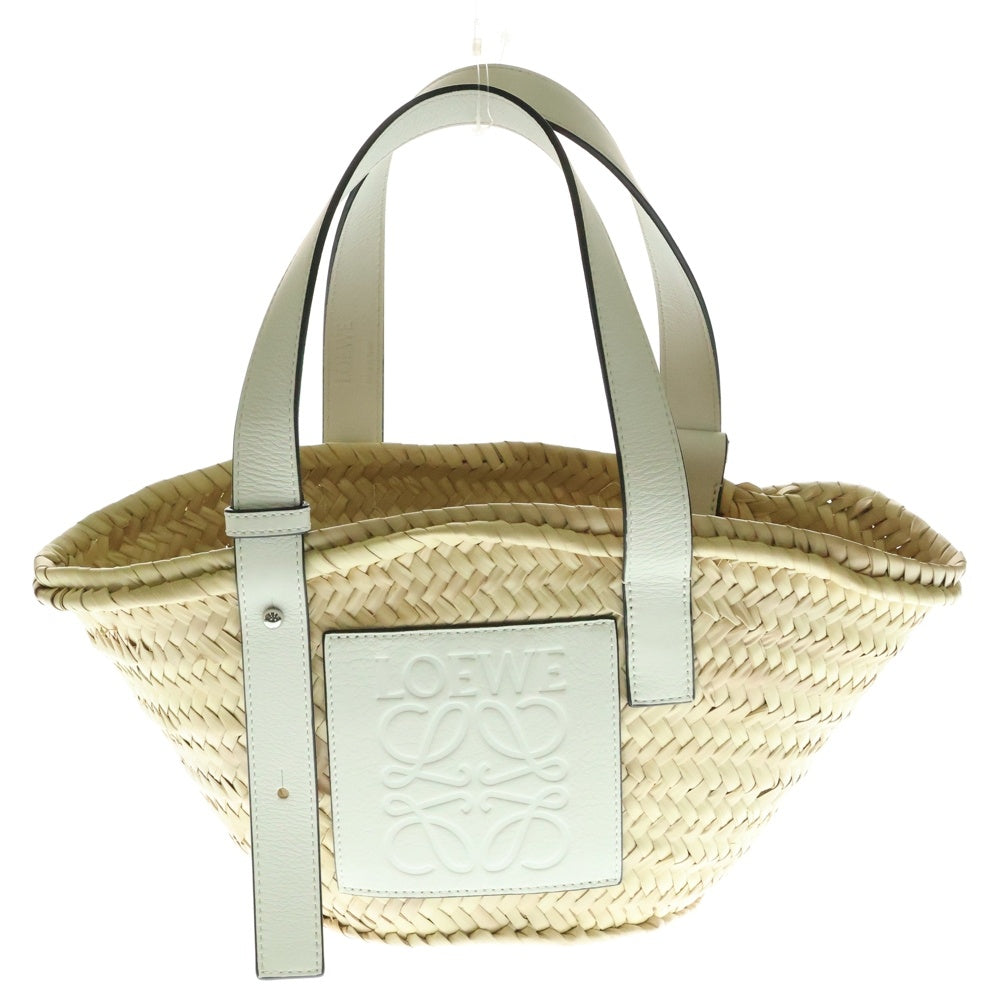 LOEWE(ロエベ) かごバッグ アナグラム ハンドバッグ ミニトートバッグ ベージュ×ホワイト ラフィア シルバー金具