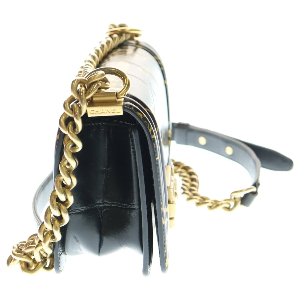 CHANEL(シャネル) ボーイシャネル25 グラフティ クロコ型押し チェーンショルダーバッグ ブラック×ゴールド レザー ゴールド金具