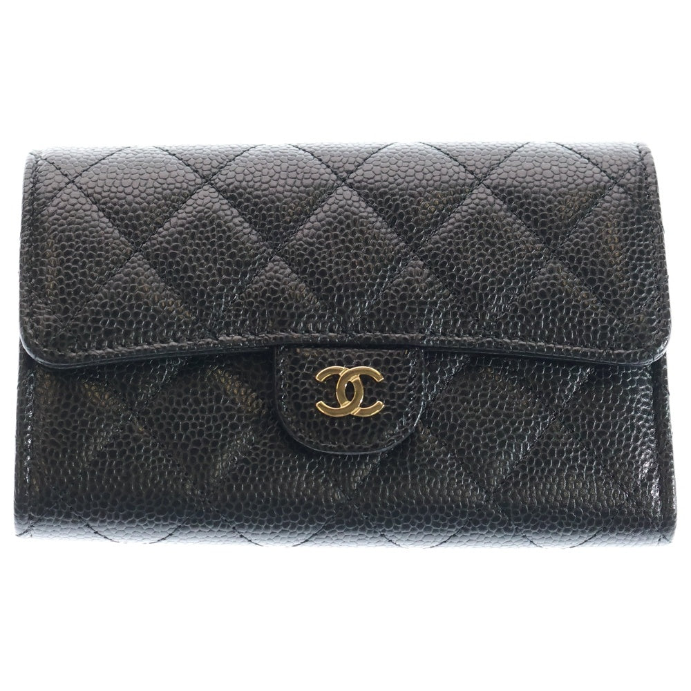 CHANEL(シャネル) マトラッセ ミディアム フラップウォレット ブラック キャビアスキン ゴールド金具 AP0232