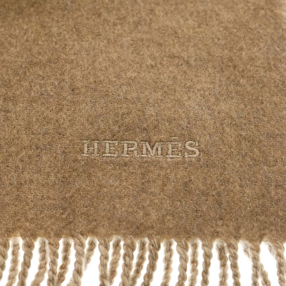 HERMES(エルメス) レクトヴェルソ マロン グラッセ ロゴ刺繍 カシミヤ フリンジマフラー ベージュ