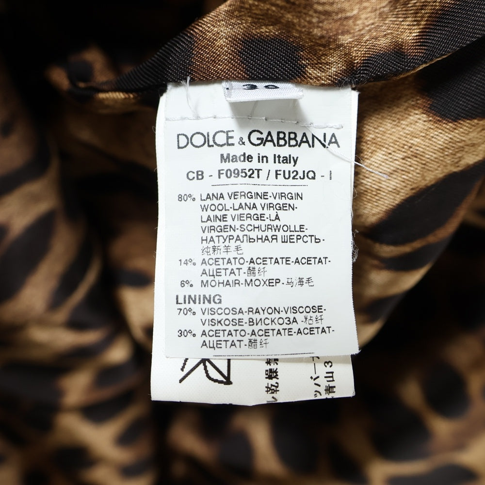 DOLCE & GABBANA(ドルチェアンドガッバーナ) 裏地レオパード総柄 ウール ボア ノーカラー スナップボタン コート ブラック レディース