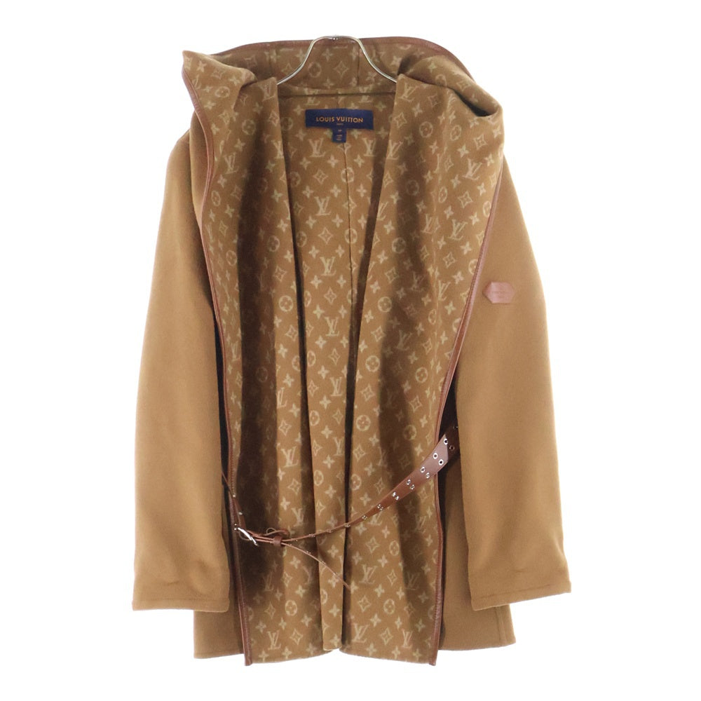 LOUIS VUITTON(ルイヴィトン) モノグラム柄 レザートリム ベルテッド フーデッド シルク混 ウール ラップコート ブラウン レディース FJC020QWE
