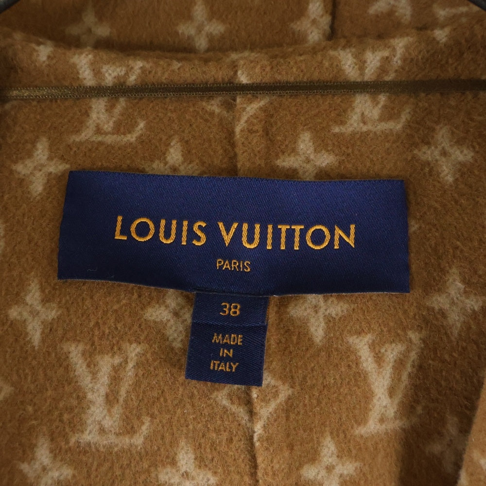 LOUIS VUITTON(ルイヴィトン) モノグラム柄 レザートリム ベルテッド フーデッド シルク混 ウール ラップコート ブラウン レディース FJC020QWE