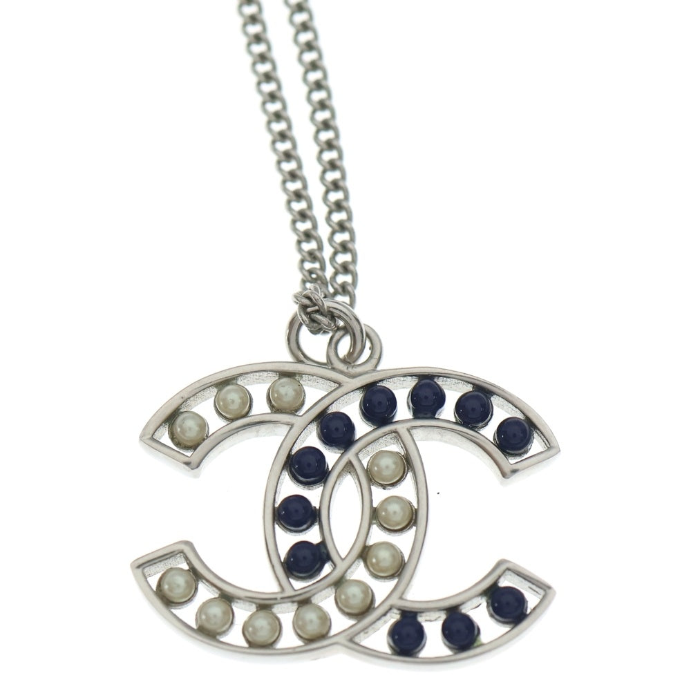 CHANEL(シャネル) ココマーク パール ペンダント ネックレス チェーン シルバー×ホワイト×ネイビー レディース