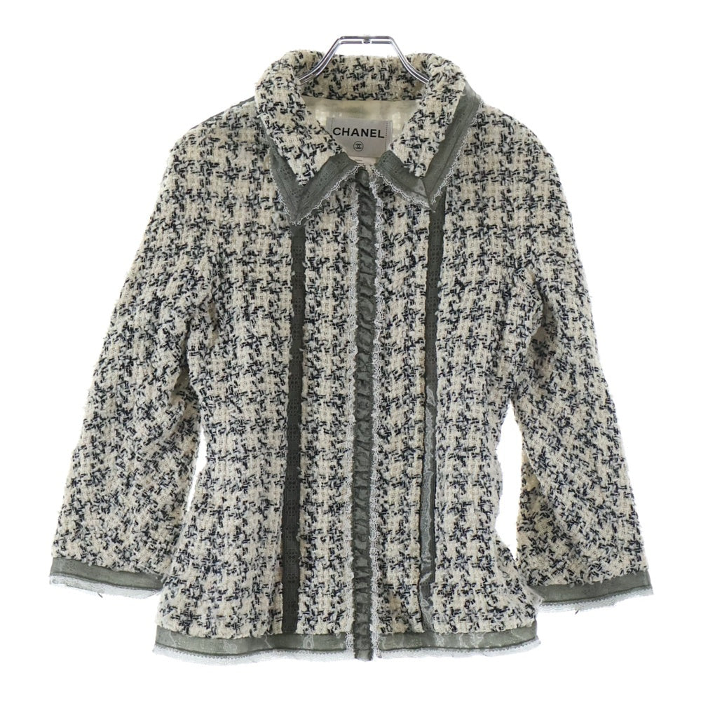 CHANEL(シャネル) 09P スプリングコレクション サテントリム ツイード ジップアップ ジャケット ホワイト/グレー レディース P34954