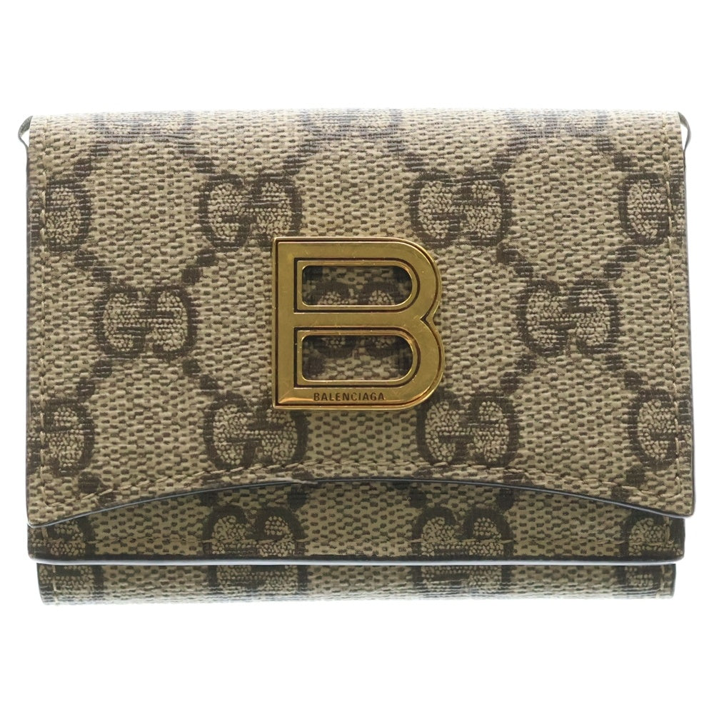 GUCCI(グッチ) バレンシアガコラボ ハッカープロジェクト コンパクトウォレット 三つ折り財布 ベージュ PVC 681700ゴールド金具