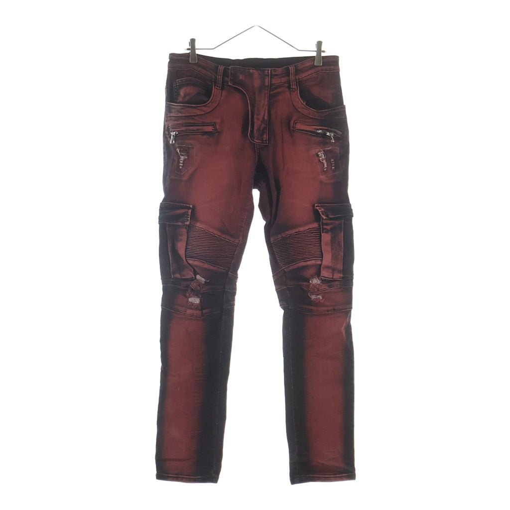 BALMAIN(バルマン) 14SS BIKER JEANS バイカー 蛇腹 ダメージ加工 デニムパンツ ジーンズ レッド S4HT500B406V