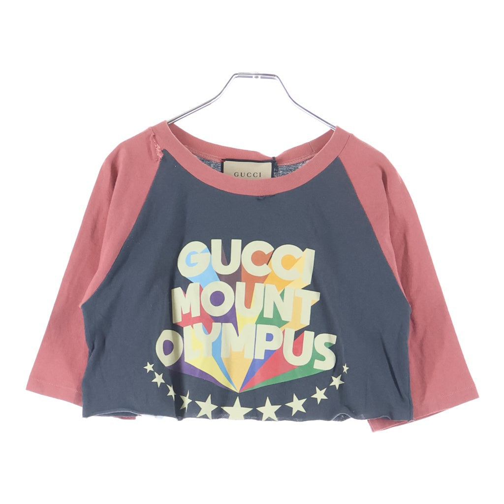 GUCCI(グッチ) Mount Olympus マウントオリンパス ロゴプリント ダメージ加工 ラグランスリーブ クロップド 5分袖 Tシャツ カットソー レッド/ブラック 653290 レディース