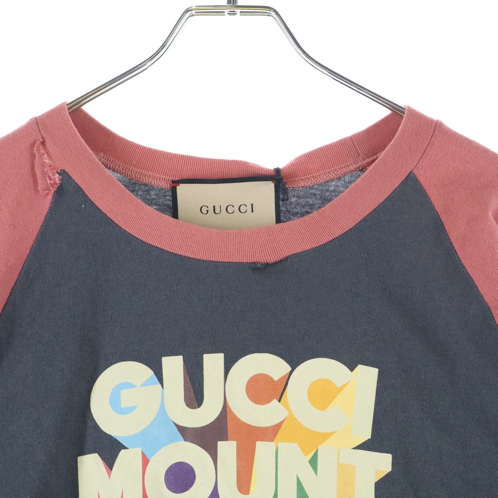 GUCCI(グッチ) Mount Olympus マウントオリンパス ロゴプリント ダメージ加工 ラグランスリーブ クロップド 5分袖 Tシャツ カットソー レッド/ブラック 653290 レディース