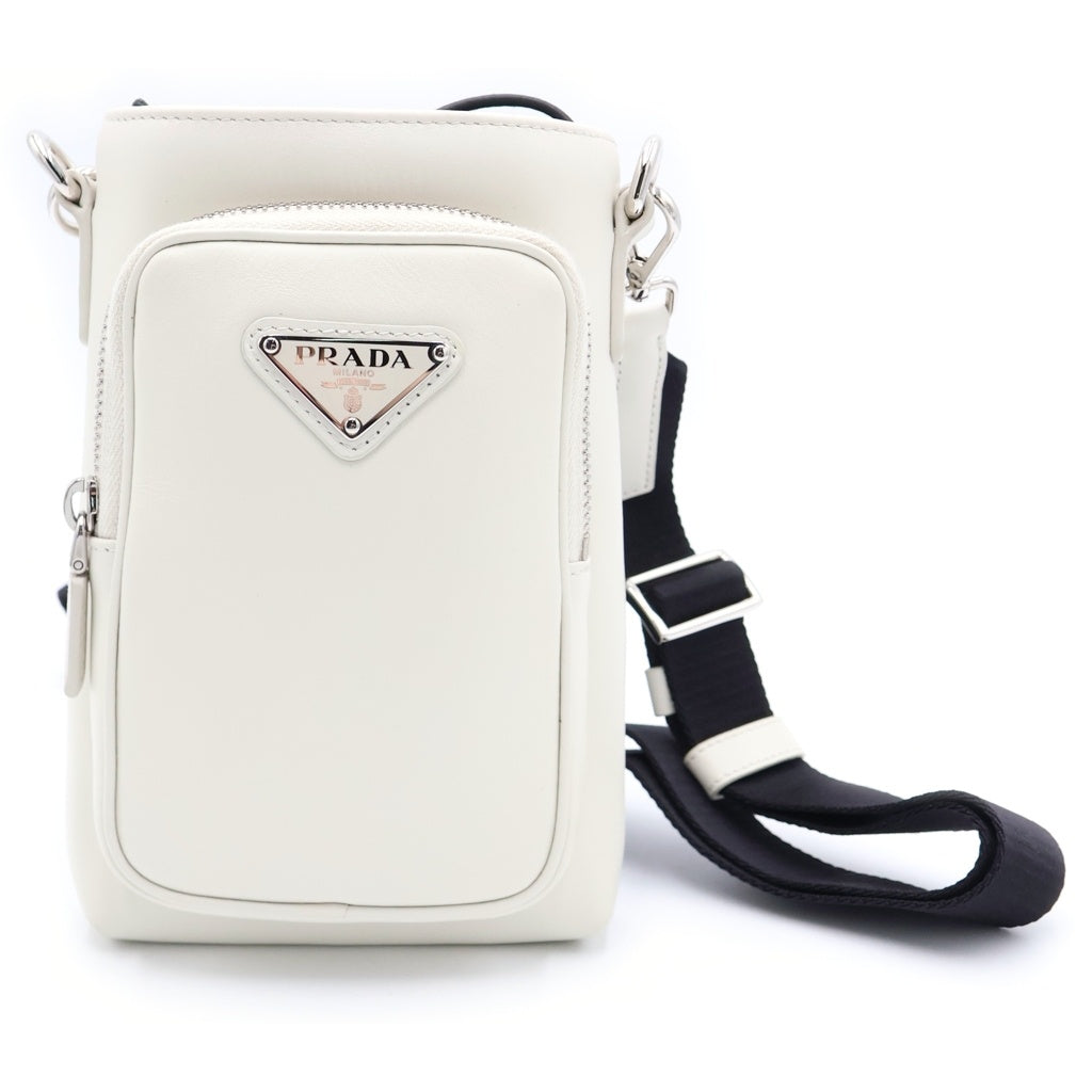 PRADA(プラダ) トライアングルロゴプレート レザー フォンケース ショルダーバッグ シルバー金具 ホワイト 2ZH155 レディース