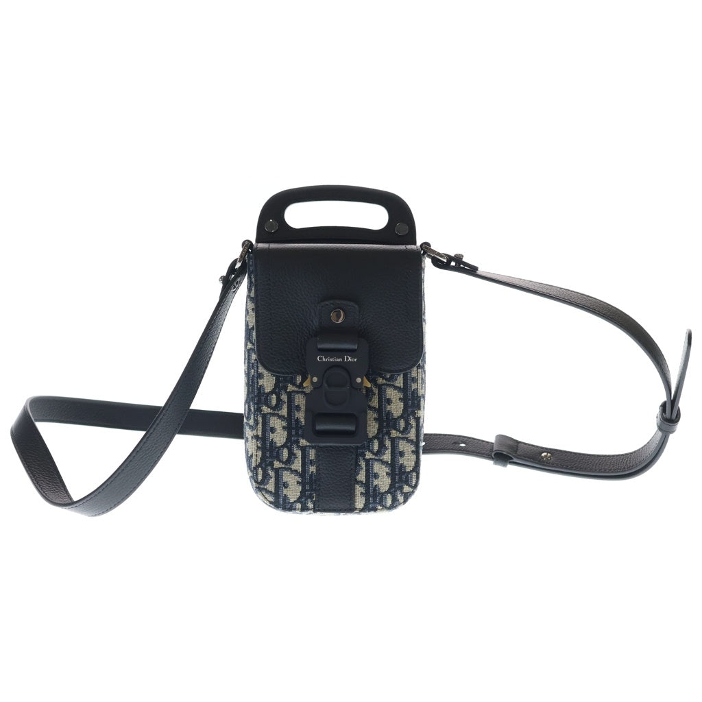 Christian Dior(クリスチャンディオール) オブリーク サドル バーティカルポーチ ショルダーバッグ ネイビー レザー×キャンバス シルバー金具 レディース