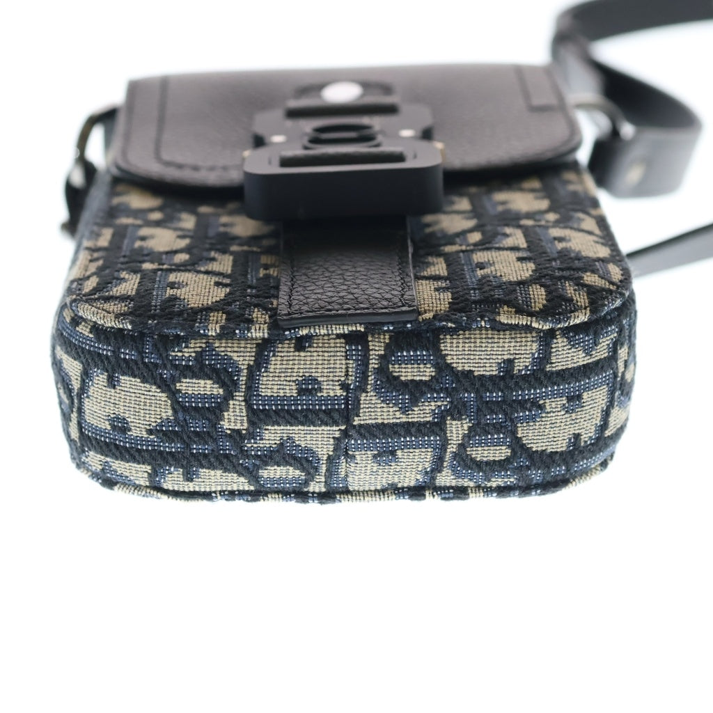 Christian Dior(クリスチャンディオール) オブリーク サドル バーティカルポーチ ショルダーバッグ ネイビー レザー×キャンバス シルバー金具 レディース