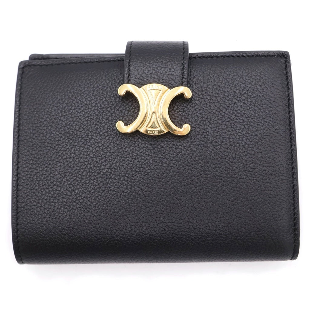CELINE(セリーヌ) ストラップウォレット ニノ 二つ折り財布 カードケース ブラック レザー ゴールド金具 レディース