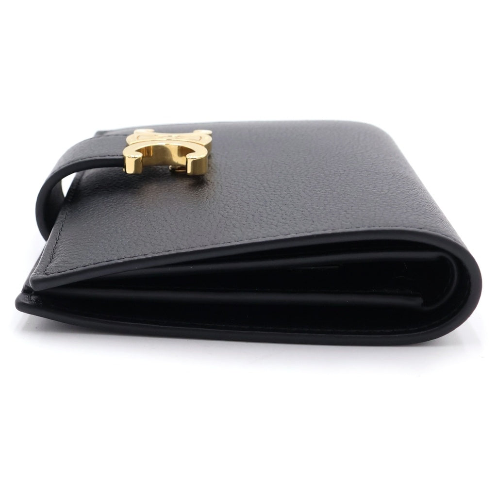 CELINE(セリーヌ) ストラップウォレット ニノ 二つ折り財布 カードケース ブラック レザー ゴールド金具 レディース