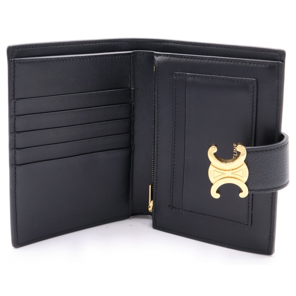 CELINE(セリーヌ) ストラップウォレット ニノ 二つ折り財布 カードケース ブラック レザー ゴールド金具 レディース