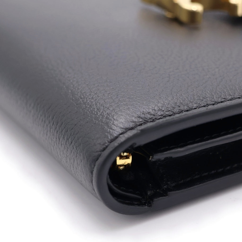 CELINE(セリーヌ) ストラップウォレット ニノ 二つ折り財布 カードケース ブラック レザー ゴールド金具 レディース
