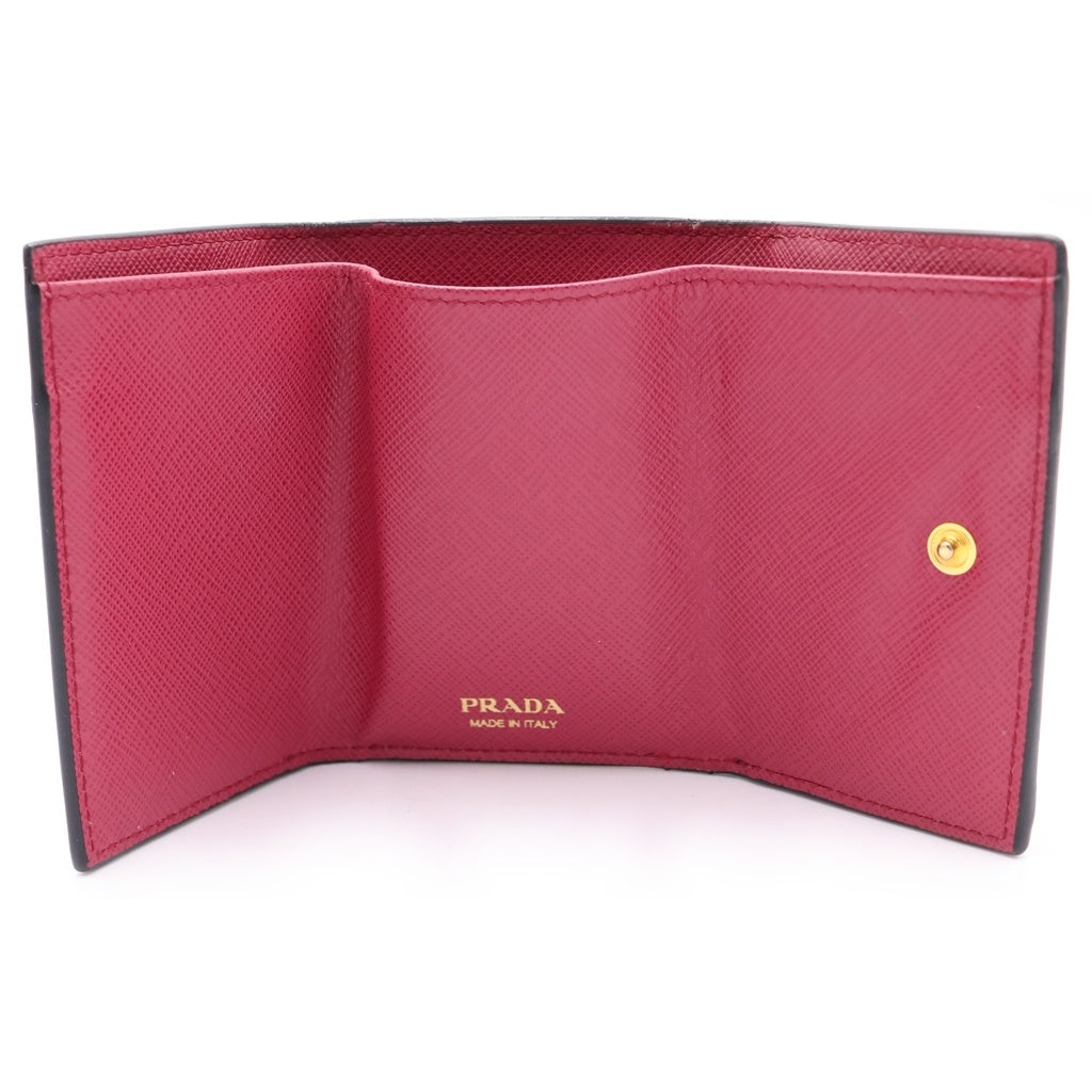 PRADA(プラダ) サフィアーノ 三つ折り財布 コンパクトウォレット コインケース ブラック×ピンク レザー 1MH021 ゴールド金具 レディース