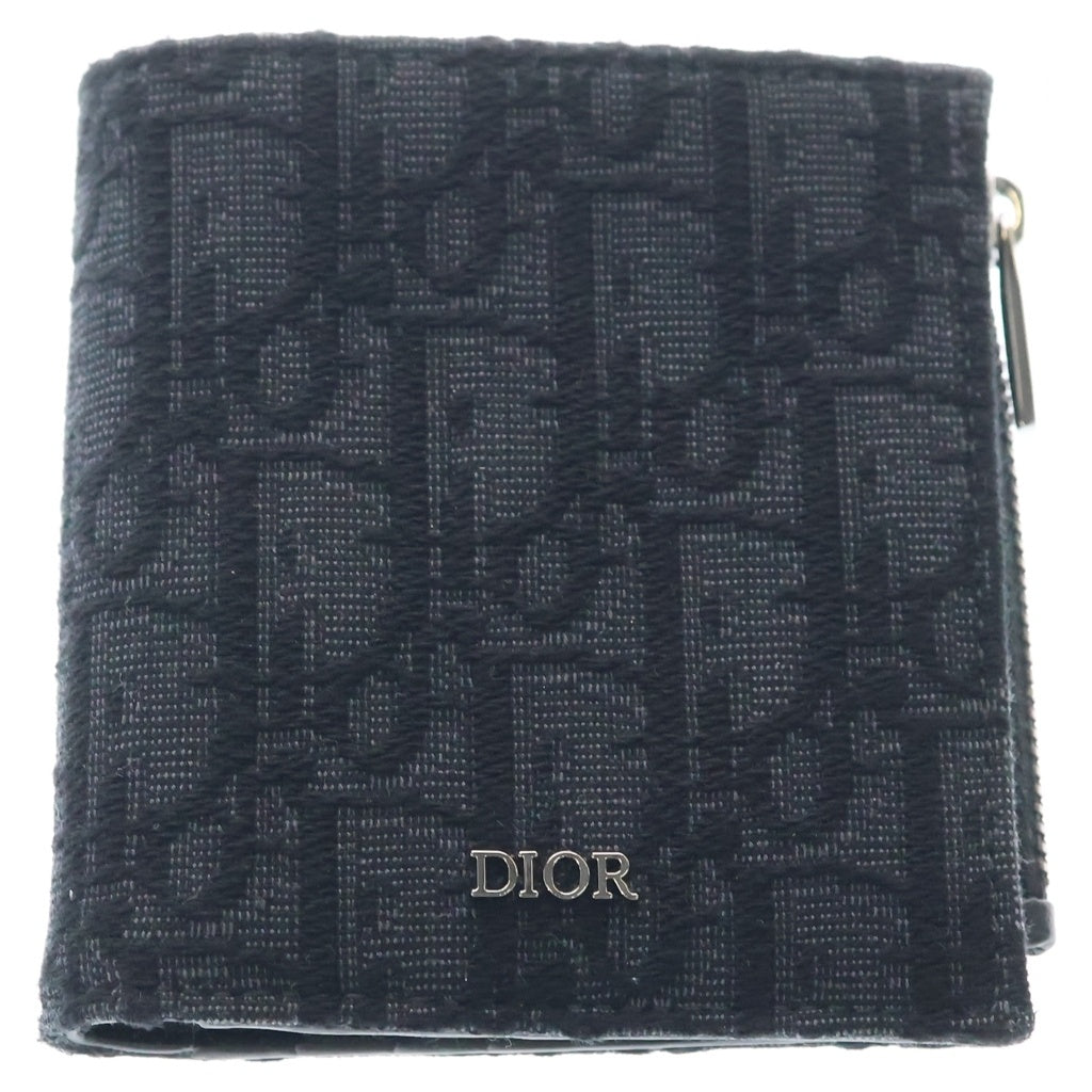 Christian Dior(クリスチャンディオール) ディオール オブリーク ジャカード 二つ折り財布 コンパクトウォレット コインケース ブラック シルバー金具 レディース