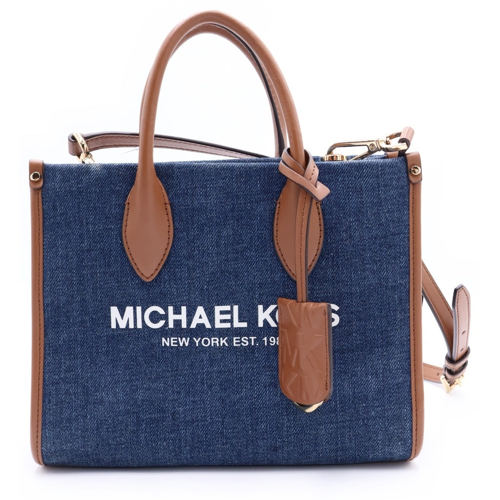 MICHAEL KORS(マイケルコース) ロゴプリント デニム レザー 2WAY ハンド ショルダーバッグ ゴールド金具 インディゴ/ブラウン レディース