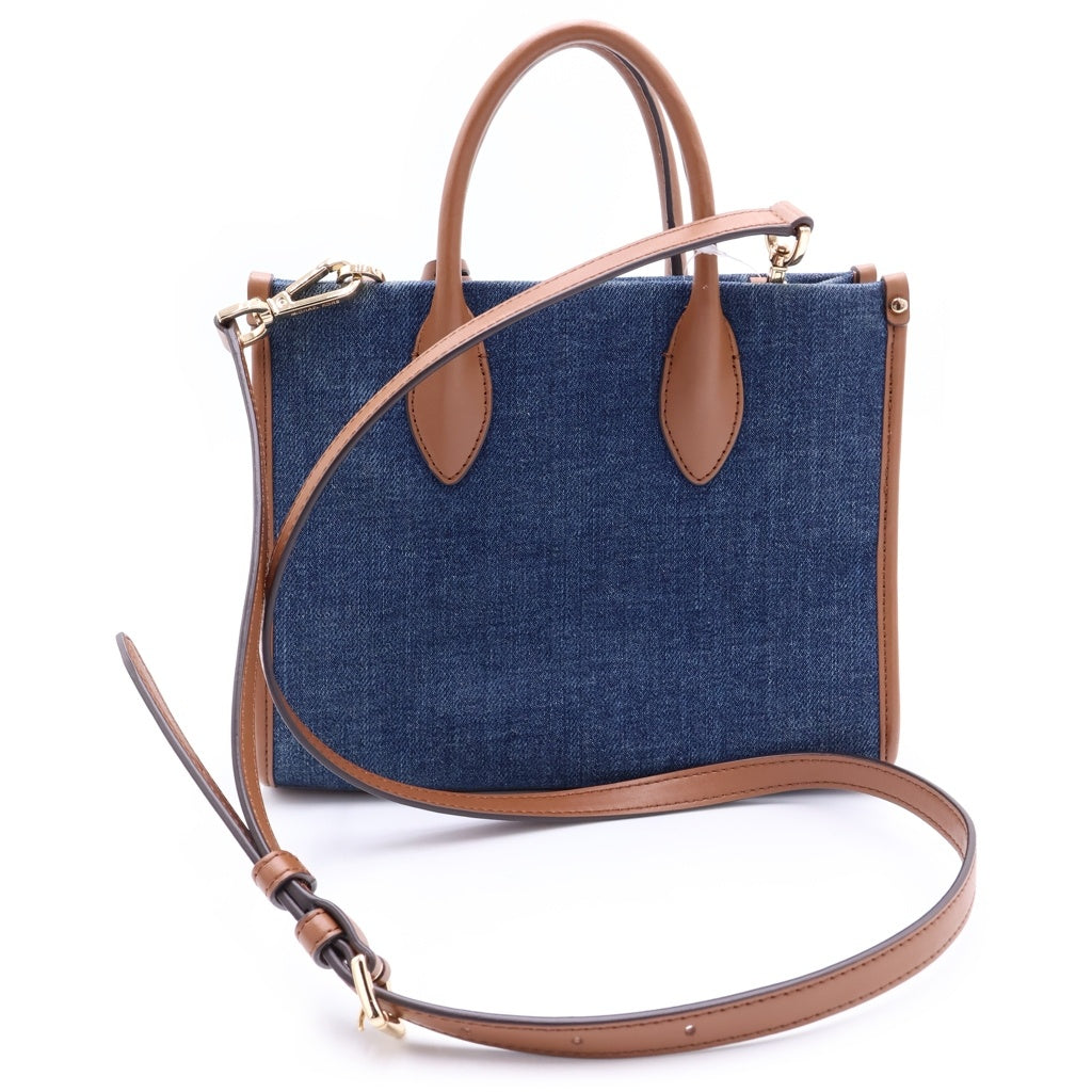 MICHAEL KORS(マイケルコース) ロゴプリント デニム レザー 2WAY ハンド ショルダーバッグ ゴールド金具 インディゴ/ブラウン レディース