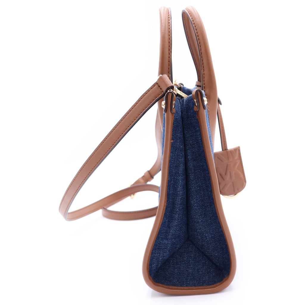 MICHAEL KORS(マイケルコース) ロゴプリント デニム レザー 2WAY ハンド ショルダーバッグ ゴールド金具 インディゴ/ブラウン レディース