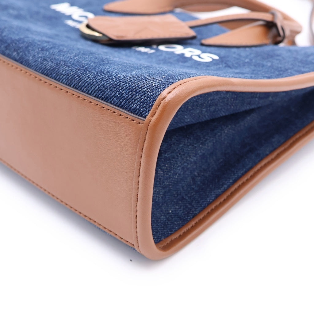 MICHAEL KORS(マイケルコース) ロゴプリント デニム レザー 2WAY ハンド ショルダーバッグ ゴールド金具 インディゴ/ブラウン レディース