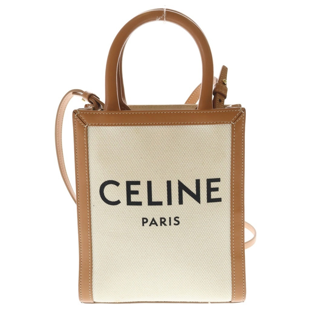 CELINE(セリーヌ) ミニバーティカルカバ 2WAYハンドバック ショルダーバッグ アイボリー×ブラウン レザー×キャンバス ゴールド金具 レディース