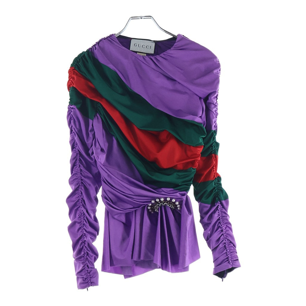 GUCCI(グッチ) ×BALENCIAGA バレンシアガ ブローチエンべリッシュ シェリーライン ストライプ ギャザー ブラウス トップス ドレス パープル/グリーン レディース 677041
