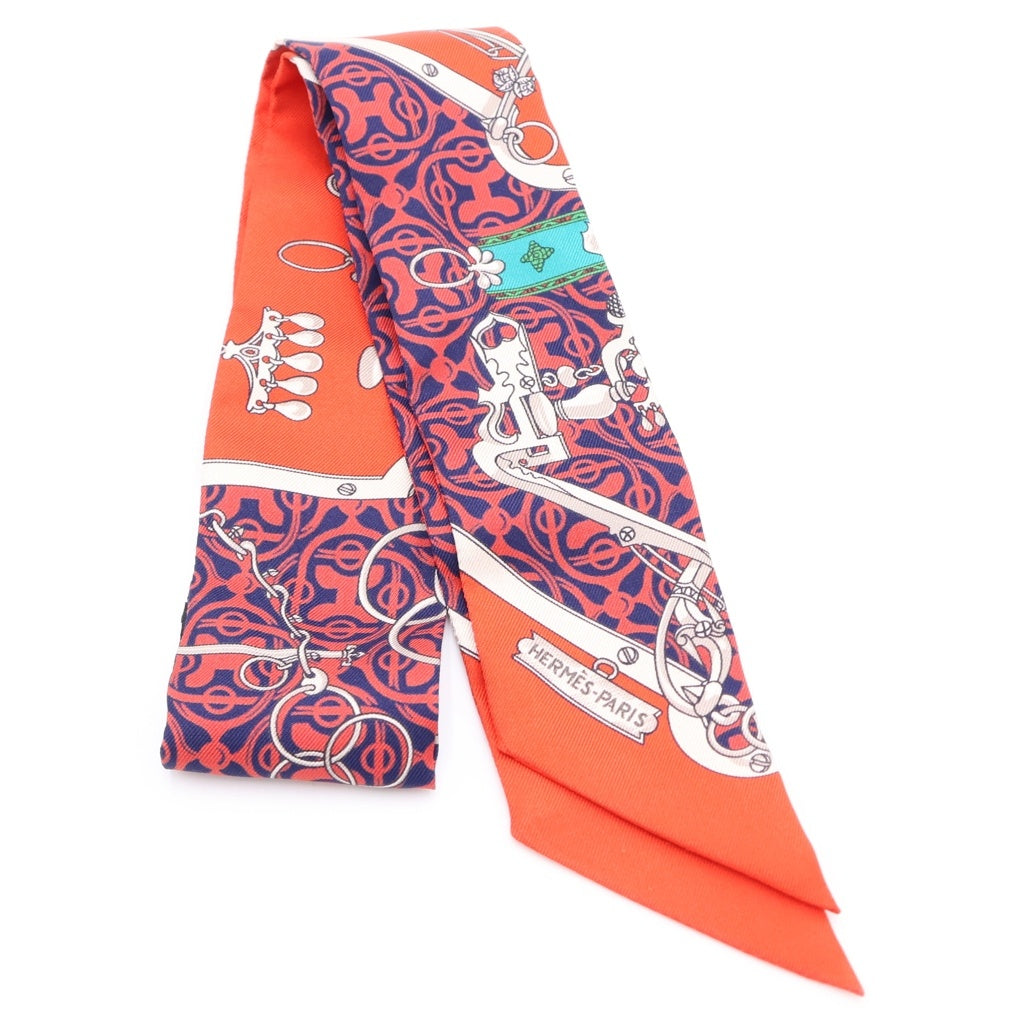 HERMES(エルメス) ツイリー 馬銜と鎖 シルクスカーフ レッド×ネイビー レディース