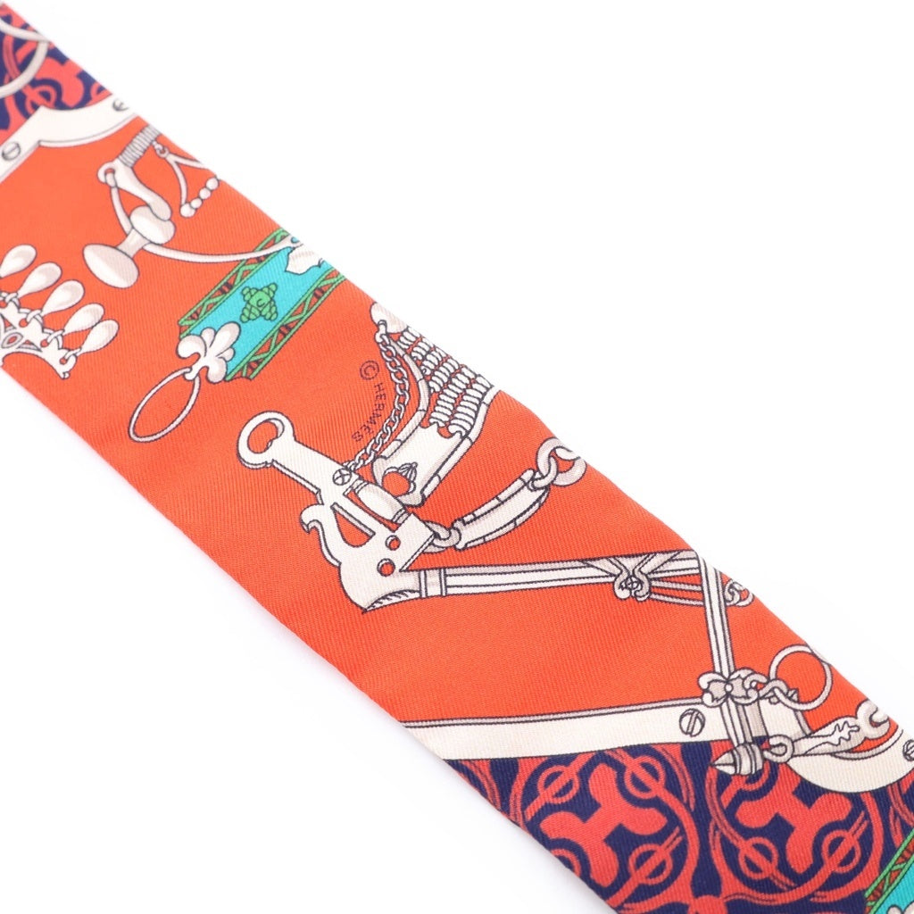HERMES(エルメス) ツイリー 馬銜と鎖 シルクスカーフ レッド×ネイビー レディース