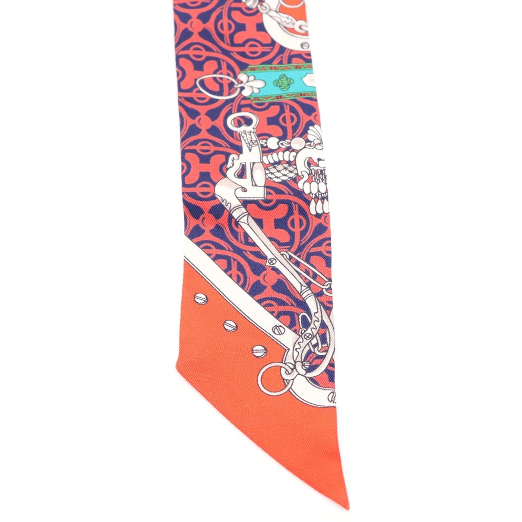 HERMES(エルメス) ツイリー 馬銜と鎖 シルクスカーフ レッド×ネイビー レディース